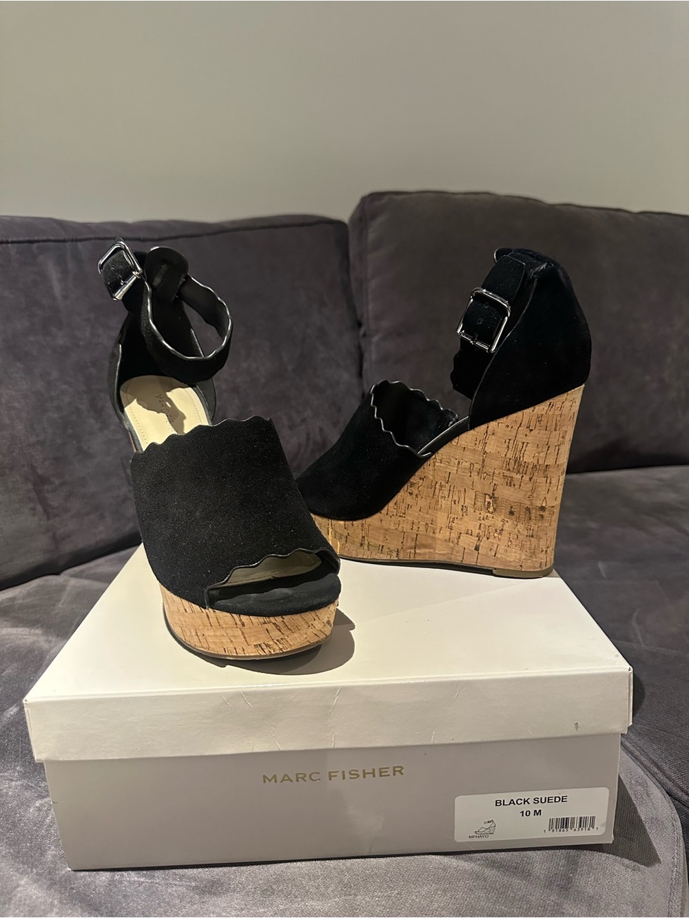 Marc Fisher Black Suede Cork Wedge Sandals with Scalloped Edge